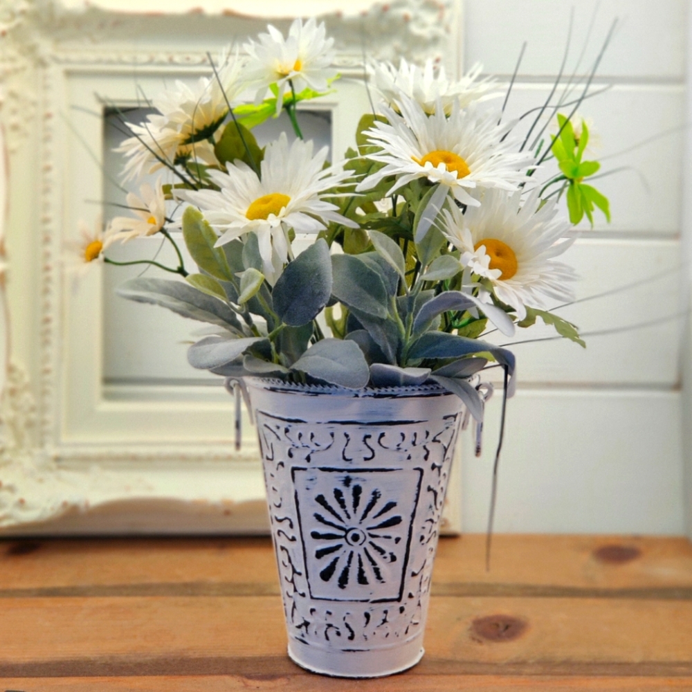 Upcycled Hand Painted Metal Distressed Daisy Vase